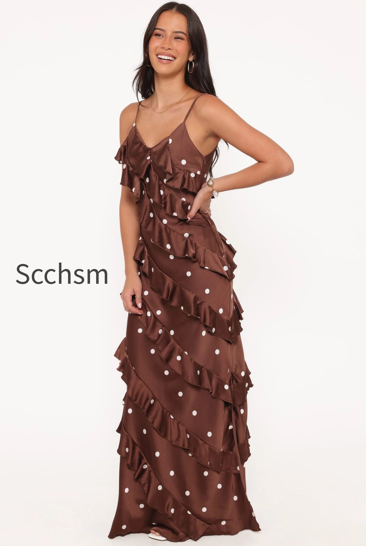 ciao-ruffles-maxi-satin-dress-brown-polka-dot