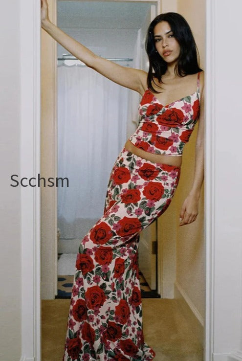 v-neck-camisole-high-waist-floral-maxi-dress-two-piece-set