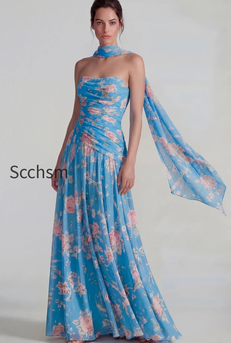 flower-blue-pink-neck-scarf-a-line-long-wedding-guest-dress