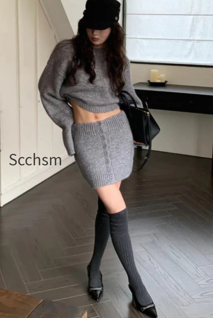 short-fitted-knit-round-neck-slim-two-piece-set