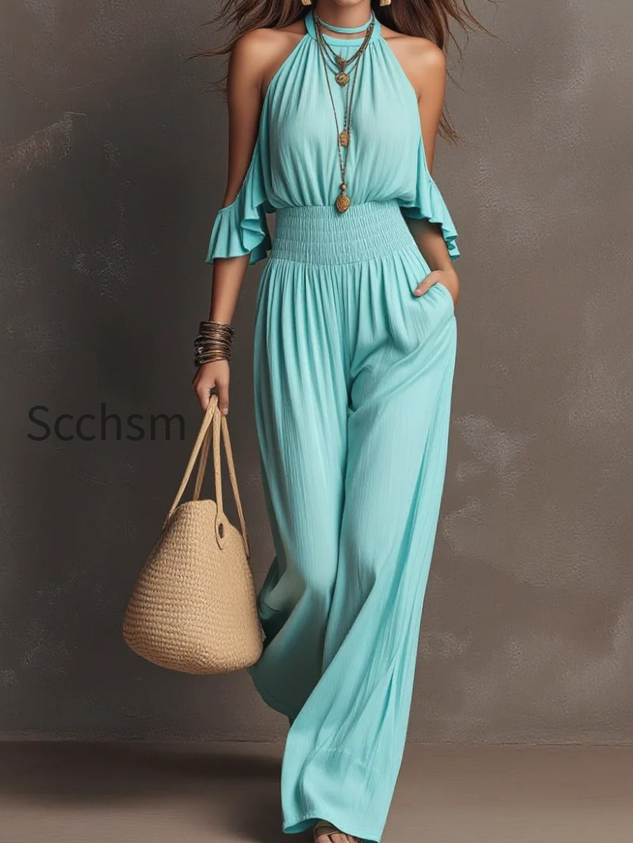 women-halter-cold-shoulder-ruffle-short-sleeve-smocked-high-waist-wide-leg-jumpsuit
