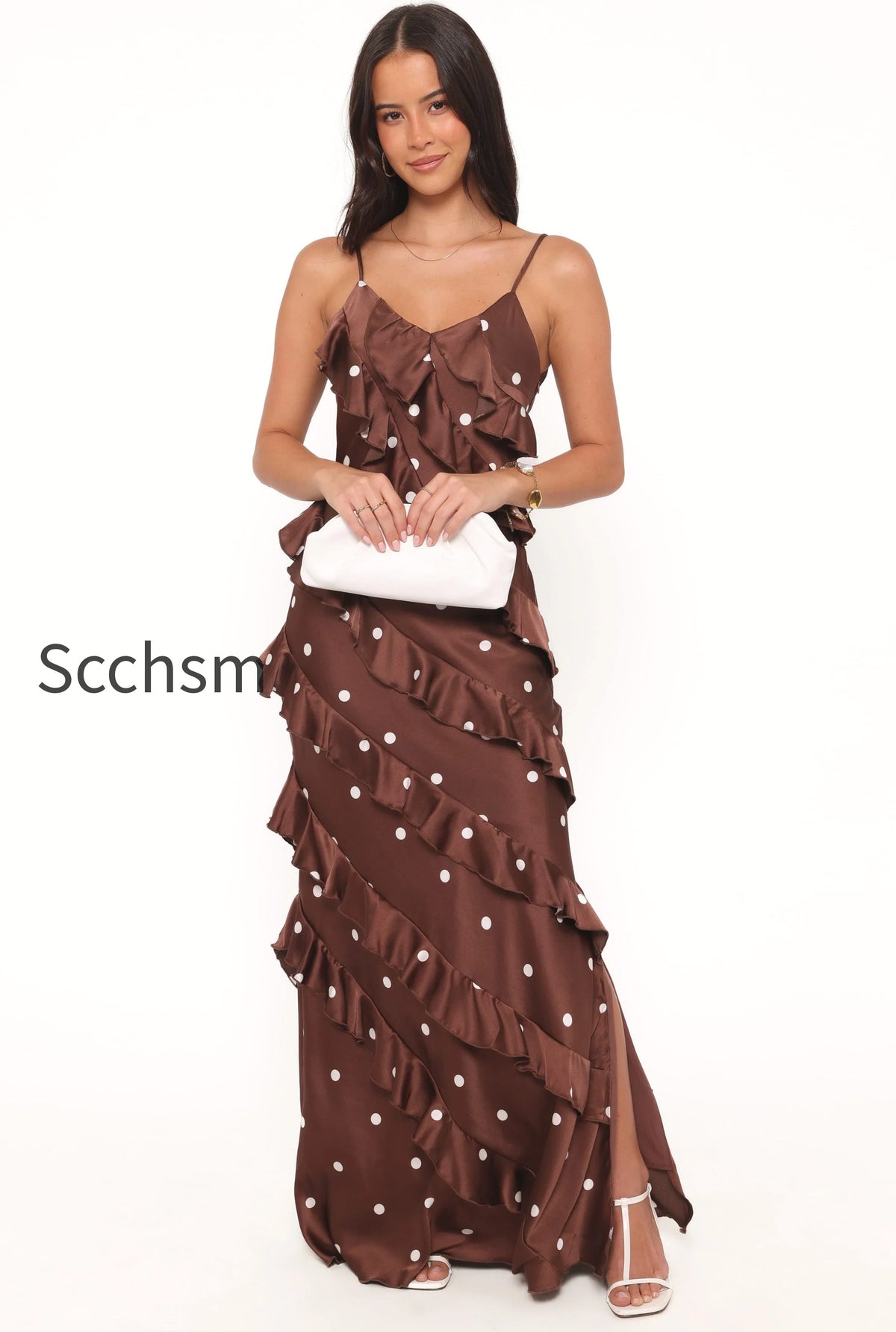 ciao-ruffles-maxi-satin-dress-brown-polka-dot