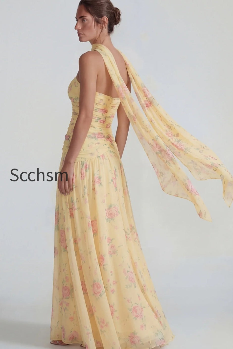 flower-blue-pink-neck-scarf-a-line-long-wedding-guest-dress