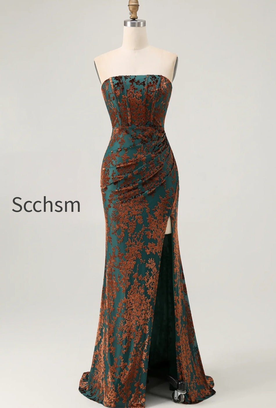 peacock-green-strapless-corset-long-velvet-bridesmaid-dress-with-slit