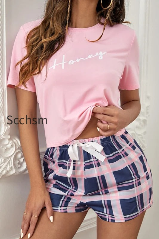letter-print-plaid-shorts-tee-pajama-set