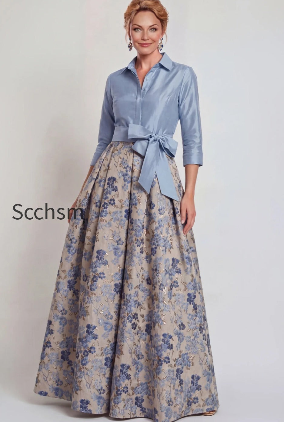 navy-floral-jacquard-a-line-3-4-sleeves-long-mother-of-the-bride-dress-with-bow