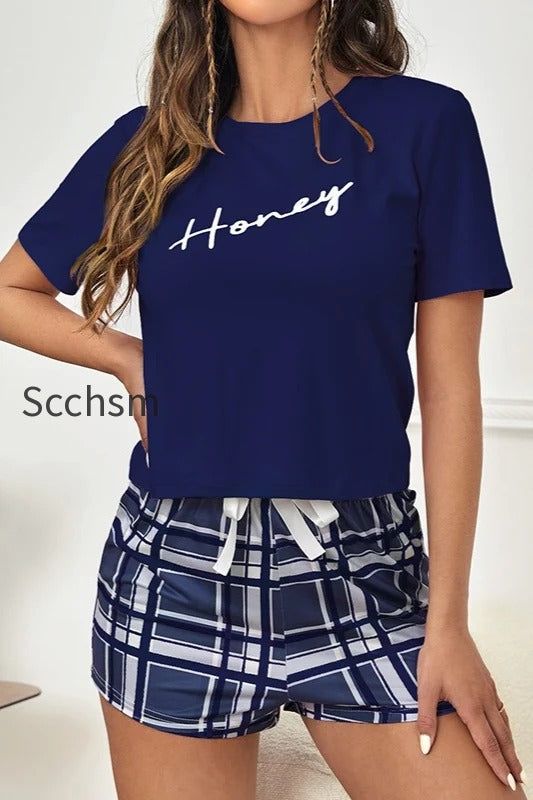 letter-print-plaid-shorts-tee-pajama-set