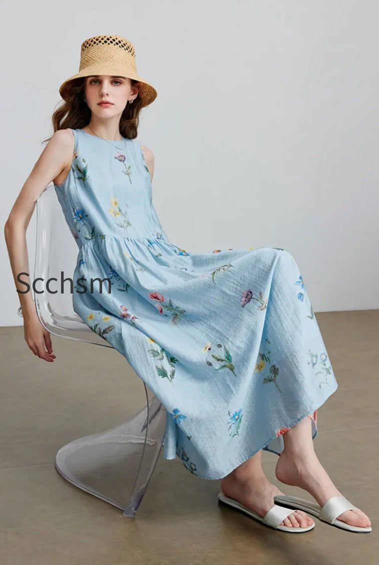 blue-floral-linen-sleeveless-fit-flare-midi-dress