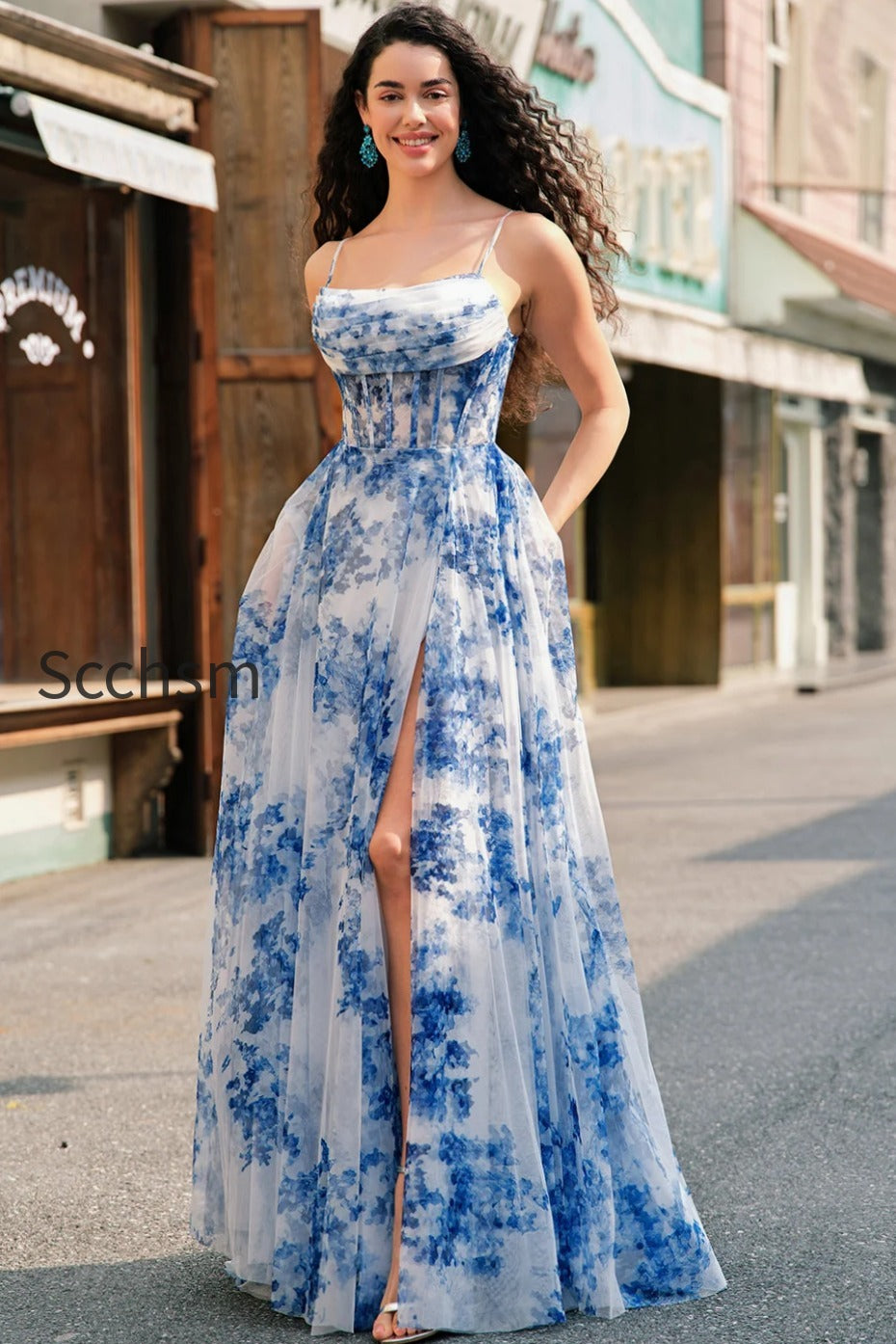 white-blue-flower-spaghetti-straps-corset-long-prom-dress-with-slit