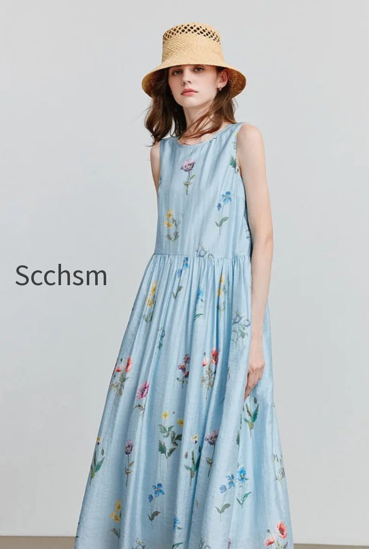 blue-floral-linen-sleeveless-fit-flare-midi-dress