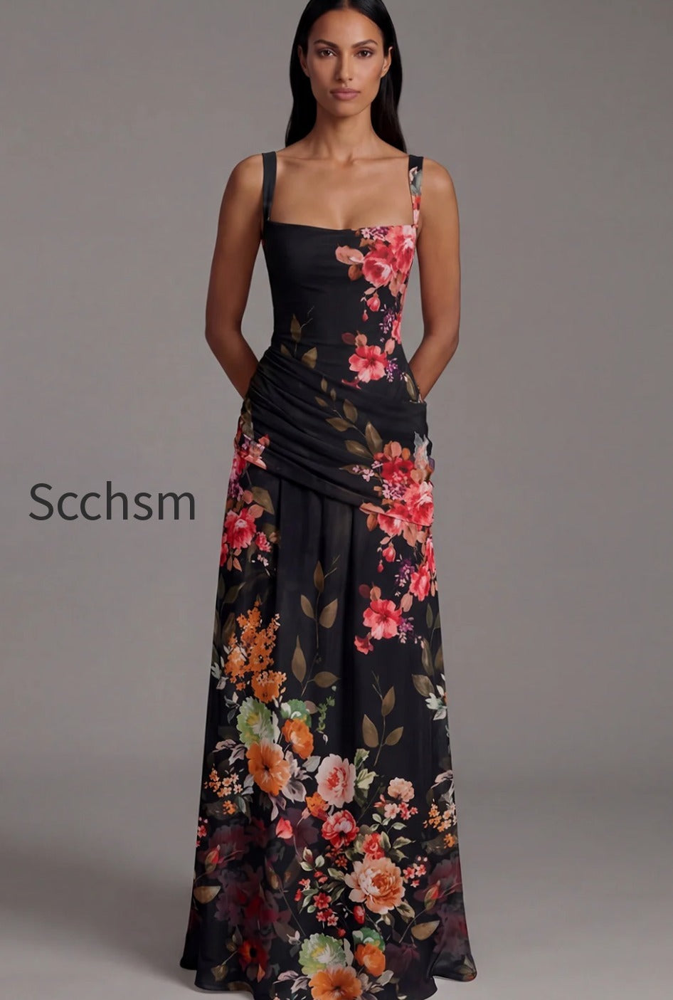 square-neck-a-line-draped-floral-maxi-ivory-beach-wedding-guest-dress