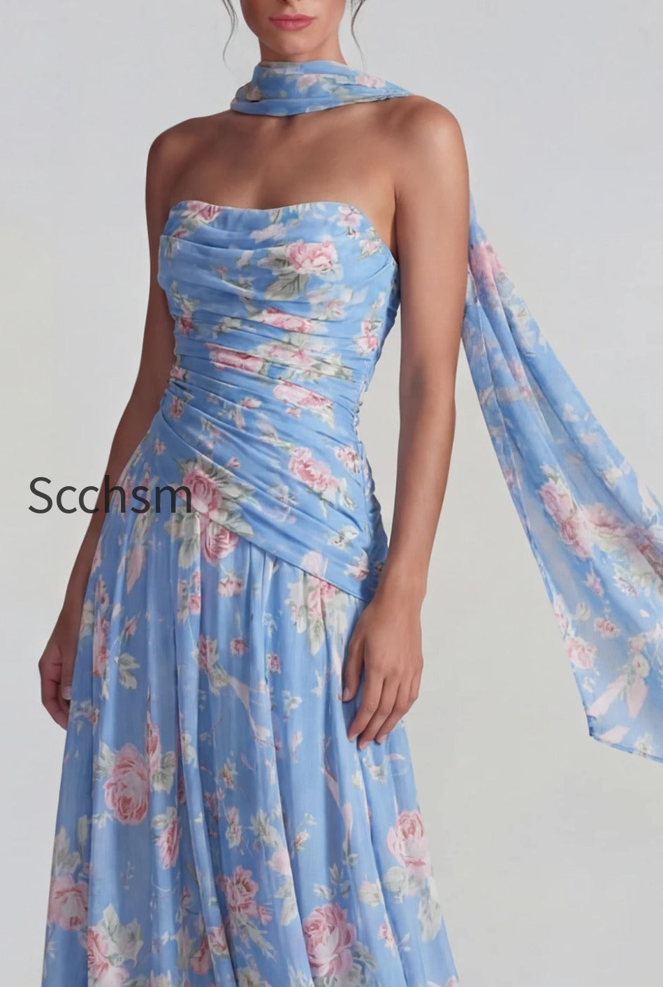 flower-blue-pink-neck-scarf-a-line-long-wedding-guest-dress