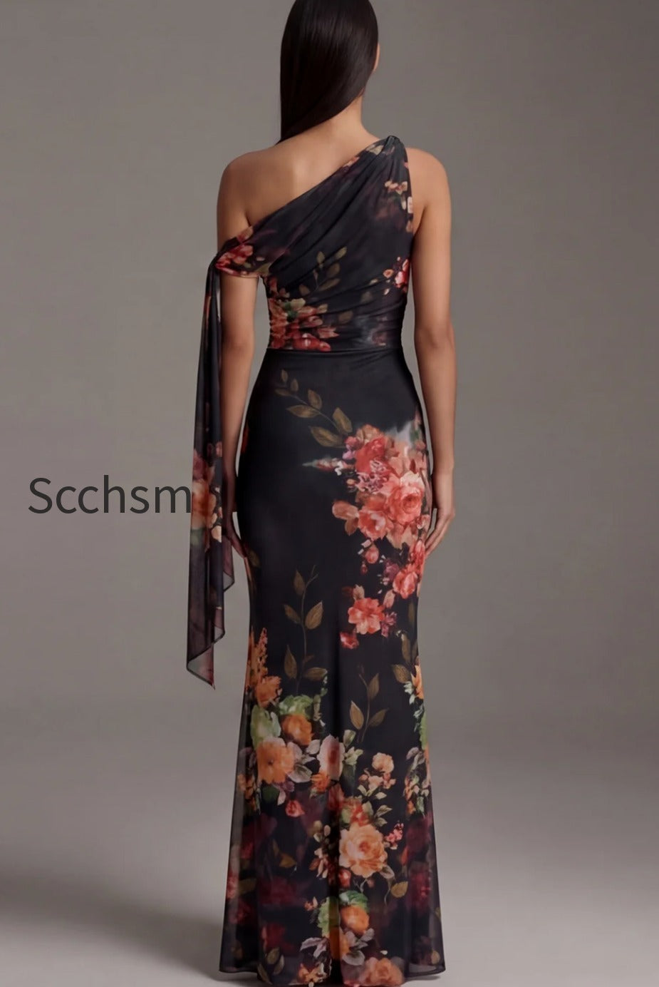 floral-ruched-maxi-black-mermaid-beach-wedding-guest-dress