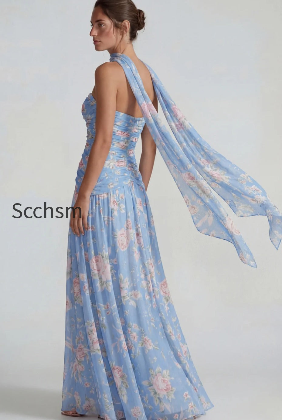 flower-blue-pink-neck-scarf-a-line-long-wedding-guest-dress