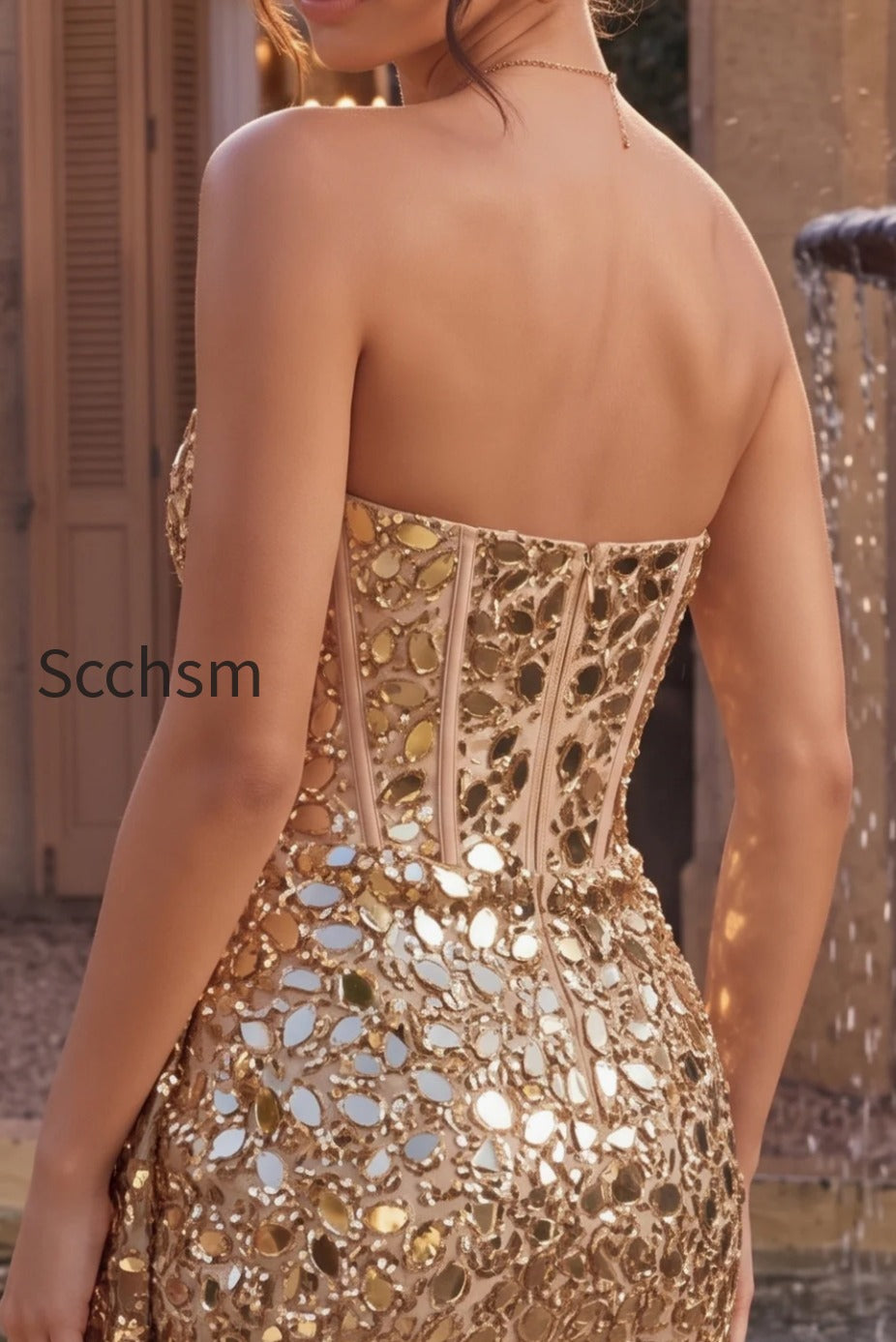 sparkly-gold-corset-strapless-ruched-short-homecoming-dress-with-mirror