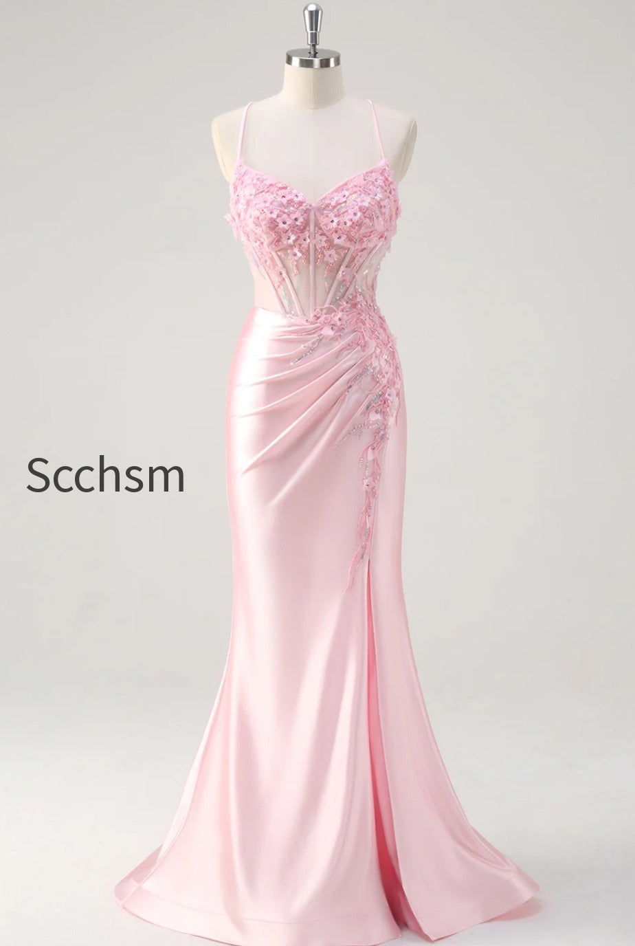 pink-floral-mermaid-spaghetti-straps-long-prom-dress-with-slit