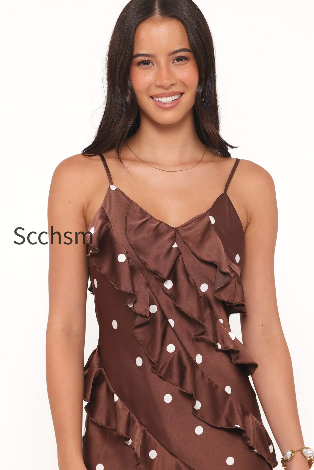 ciao-ruffles-maxi-satin-dress-brown-polka-dot