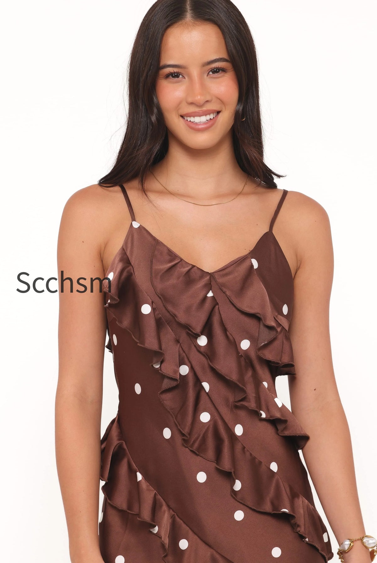 ciao-ruffles-maxi-satin-dress-brown-polka-dot